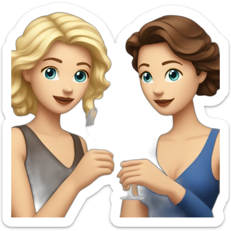 White woman with brown hair and brown eyes toasting with a red wine together with white woman with blond hair and blue eyes with red wine sticker