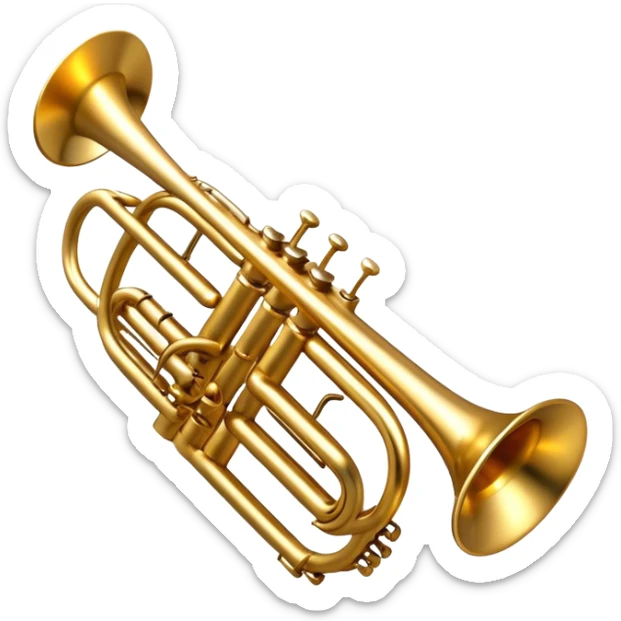 Cinematic Realistic Trumpet, rich golden brass with subtle tarnish marks, soft highlights emphasizing the intricate details, warm reflections of stage lighting bouncing off the metal, glowing with bold and triumphant energy. sticker
