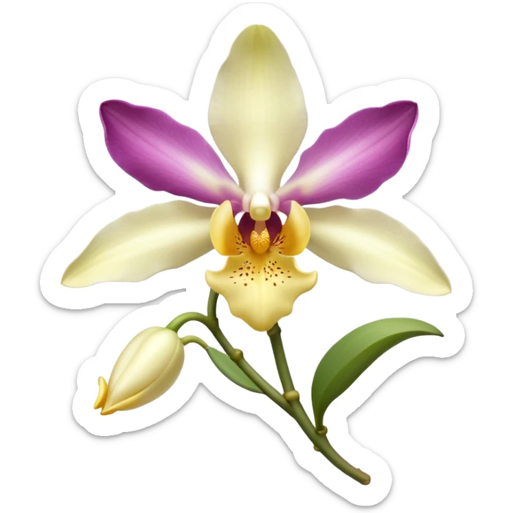 vanilla flower, delicate orchid, full bloom, pale yellow to creamy white petals, trumpet-shaped center, gentle curvature, fine petal texture, optional green stem or vanilla pod, no background, no leaves, no decorative elements, no faces, clean 3D, soft shadows, transparent background, emoji scale sticker