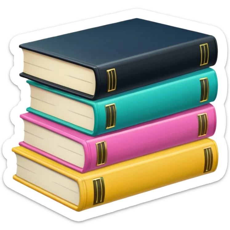 a satck of books: two pink, one green, one yellow, two blues, one black sticker