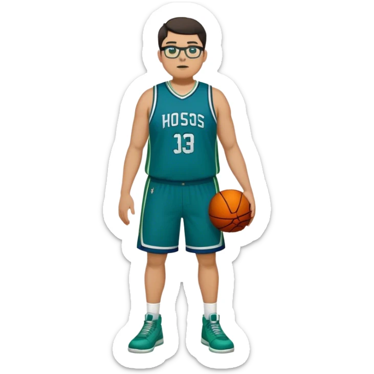 Full Body tall plus size white male with dark short hair basketball player wearing glasses wearing blue green uniform sticker