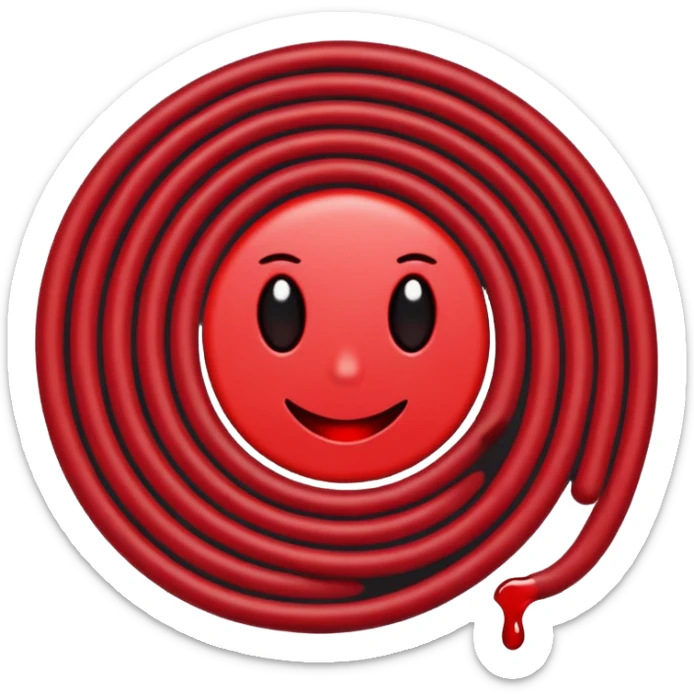 Minimalist emoji-style sticker of a coiled red carpet with drops of blood on the floor around it. Flat design, black and desaturated red tones, no perspective, bold lines. sticker