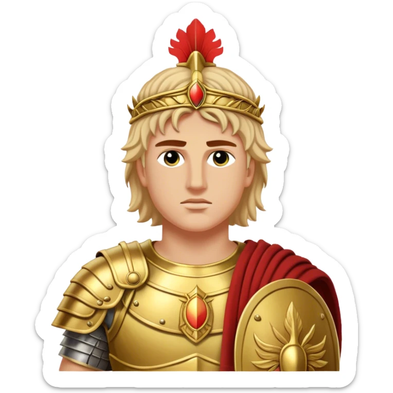 Cinematic Realistic portrait of Alexander the Great, depicted with photorealistic detail as a commanding historical conqueror, featuring sharp, lifelike facial features, meticulously rendered ancient Macedonian armor, and a laurel wreath, illuminated by natural, dramatic lighting that highlights his youthful determination and legendary presence. sticker