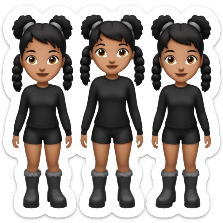 A brown skin thats slim and thick body with black hair into two pigtails and wears all black outfit with gray furry boots  sticker