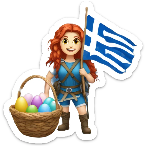 Greek Female winter mountaineer red hair white skin climbing with Greek Flag and Easter eggs basket sticker