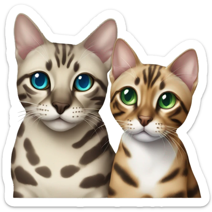 Seal Bengal cat with Blue eyes + charcoal Sepia bengal cat with Green eyes sit Next to each other  sticker