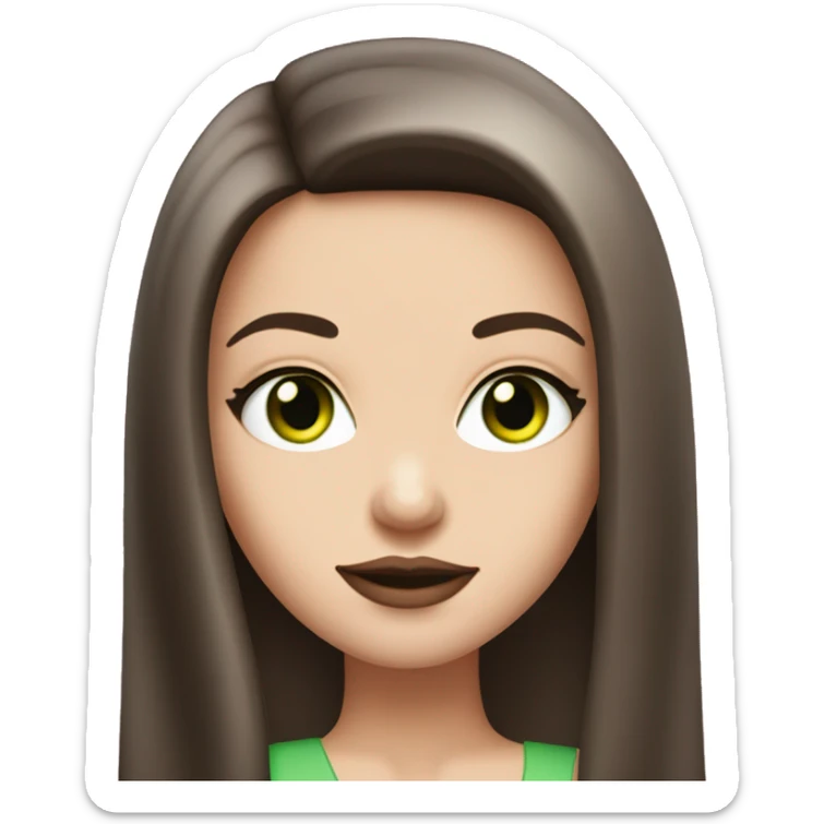 Brunette bombshell girl with long straight hair, pale skin, big pink lips, small chin and green eyes sticker