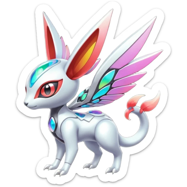 Shiny Colorful Futuristic Cyber-Vernid-Trico-Meloetta-Latias-Koraidon-Peppercat-Protogen-Pokémon-Digimon-Fakémon-fusion-hybrid-creature sticker