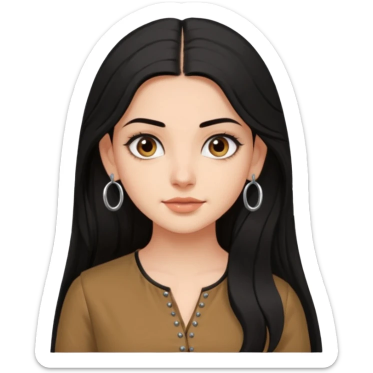 a pretty bratz fair girl with long black hair, kajal under eyes, small silver hoop. brown kurti on sticker