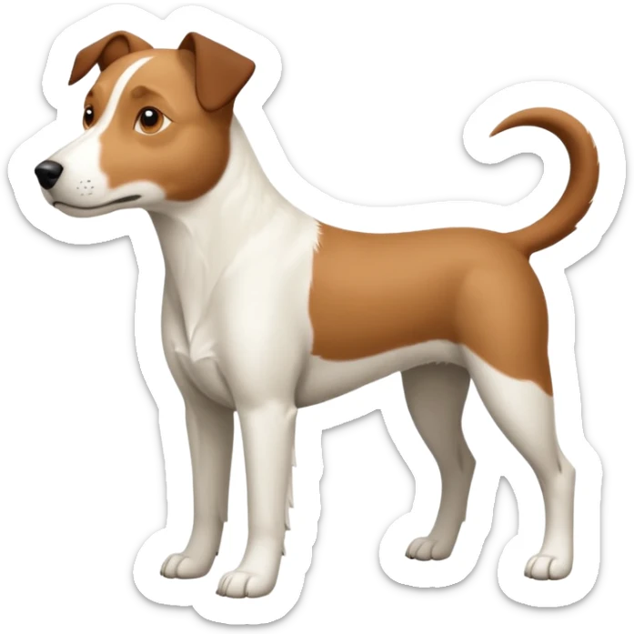 a full body large white parson russell looking dog the size of a kelpie with light brown ears and a light brown patch on one eye and a large snout sticker