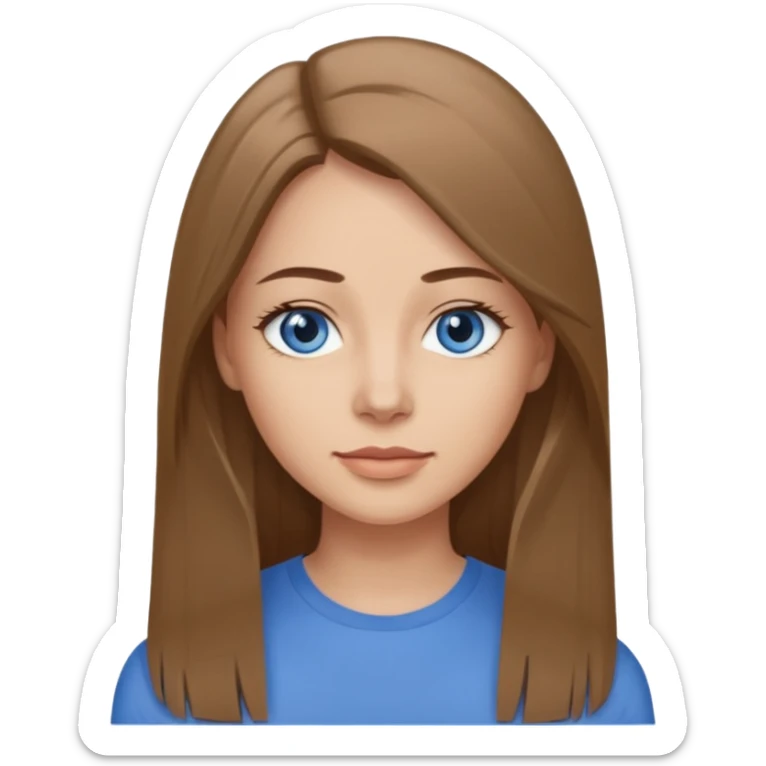a woman, 30 years old, light skin with medium brown straight hair, long hair. blue eyes. No eyeglasses. Gray top. sticker