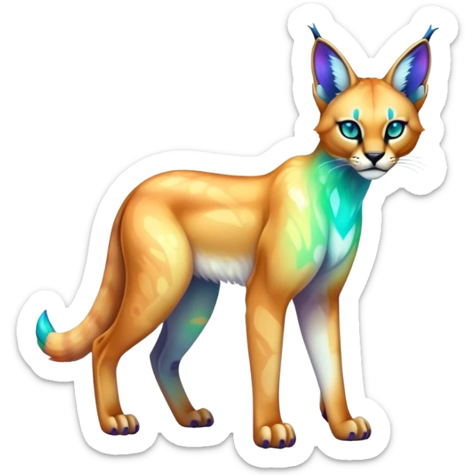 An iridescent transparent luminescent colorful fantasy-lynx-caracal-serval-fakemon-creature-hybrid sticker