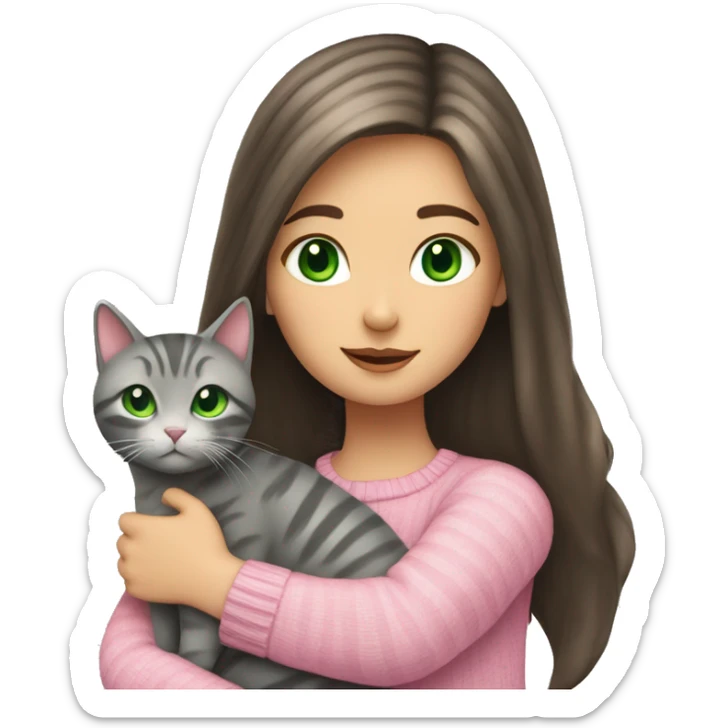 Brunette girl with long hair and green eyes in a pink sweater hugs a gray striped cat sticker