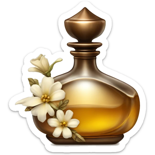 An antique perfume bottle with oil made of bronze and brown crystals, from which white cream and coffee milk flow, yellow flowers of fragrant vanilla lie next to it sticker