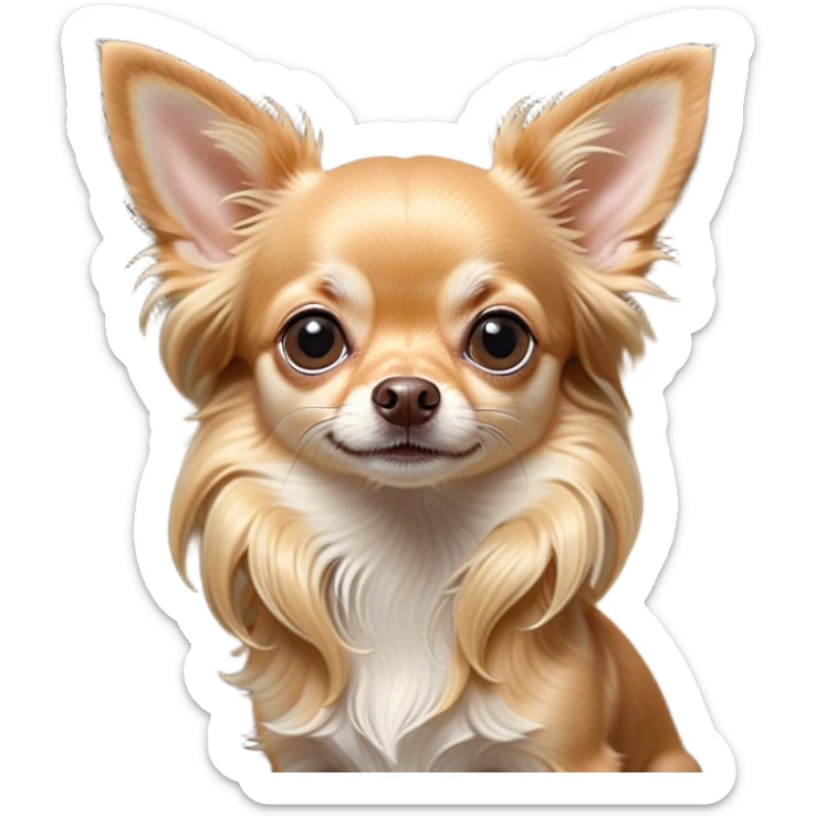 Cinematic Cute Long Haired Fawn Chihuahua Portrait Emoji, Head tilted playfully and inquisitively, silky long fawn hair with gentle highlights, round, sparkling dark eyes filled with curiosity, Simplified yet irresistibly adorable features, highly detailed, glowing with a warm, friendly glow, high shine, affectionate and lively, stylized with a touch of whimsy, bright and endearing, soft glowing outline, capturing the essence of a mischievous yet loving companion, so playful it feels like it could prance out of the screen and into your arms! sticker