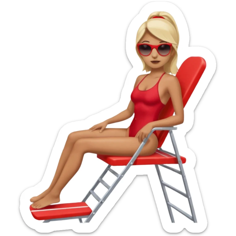 Female lifeguard – red swimsuit, sunglasses, sitting on tall lifeguard chair. sticker