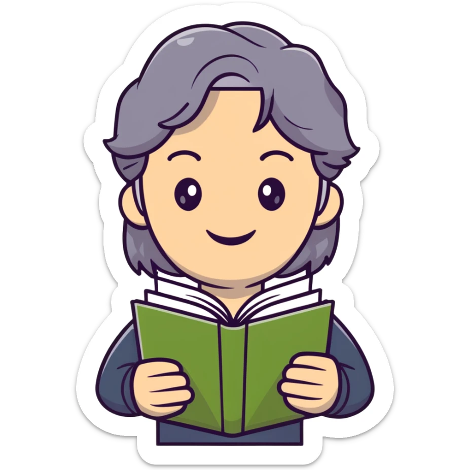 smiling English teacher with airtouch hair and grey-green eyes holding a stack of books and papers sticker