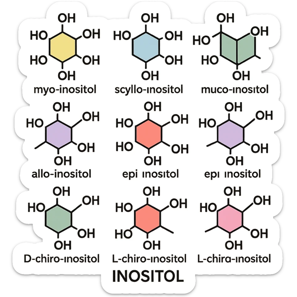 scientific infographic of inositol molecule at center surrounded by 9 isomeric forms: myo-inositol, scyllo-inositol, muco-inositol, neo-inositol, allo-inositol, epi-inositol, cis-inositol, D-chiro-inositol, L-chiro-inositol; each isomer labeled with its name; stylized molecular structures; pastel colors; white background; clean and didactic style sticker