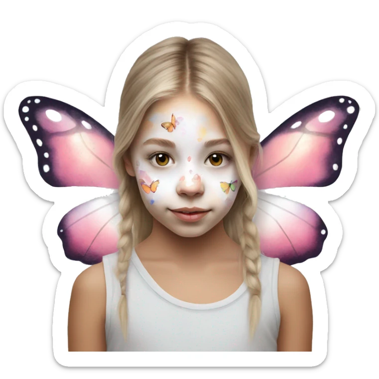 young white girl with face paint only in the shape of a watercolour butterfly sticker