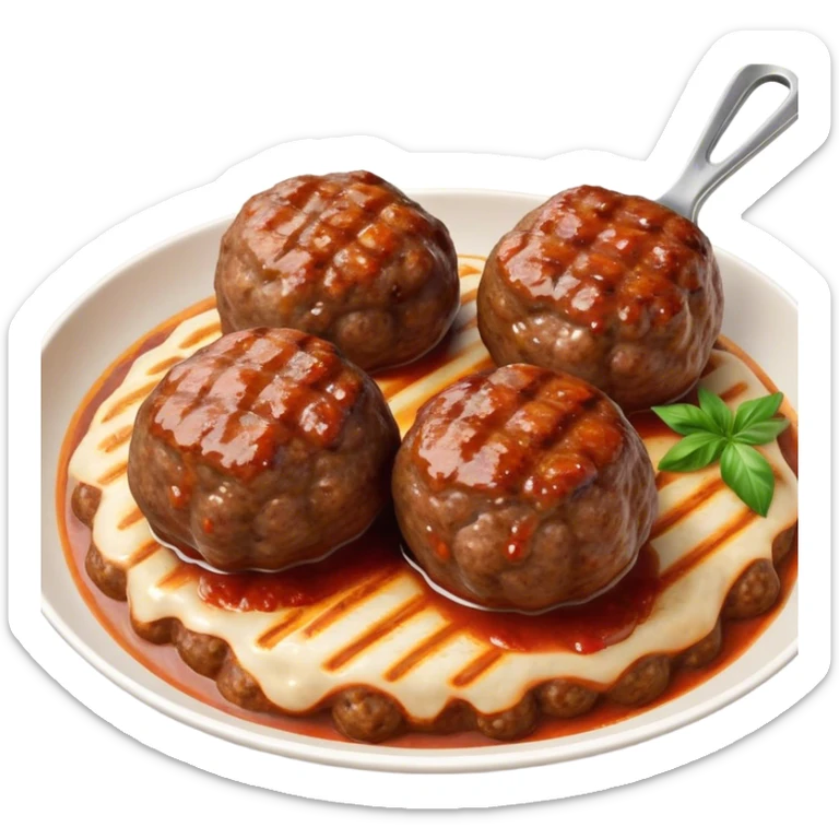 Cinematic Realistic Kofte Dish Emoji, depicted as seasoned, grilled meatballs with a charred exterior rendered with lifelike textures and robust, appetizing lighting. sticker