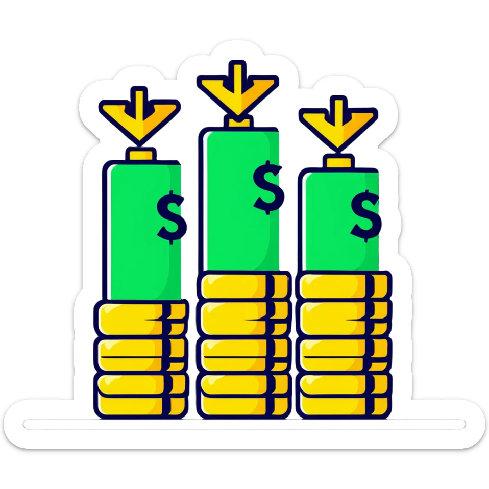 green upward arrow next to three stacks of gold coins in ascending height sticker