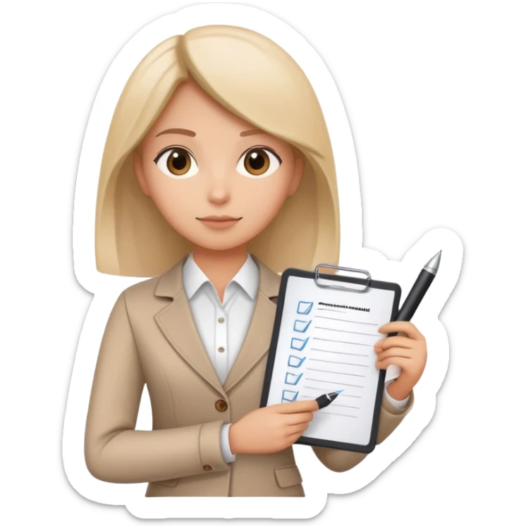 a person holding a checklist and pen, wearing smart casual clothing. The character is in a focused pose sticker