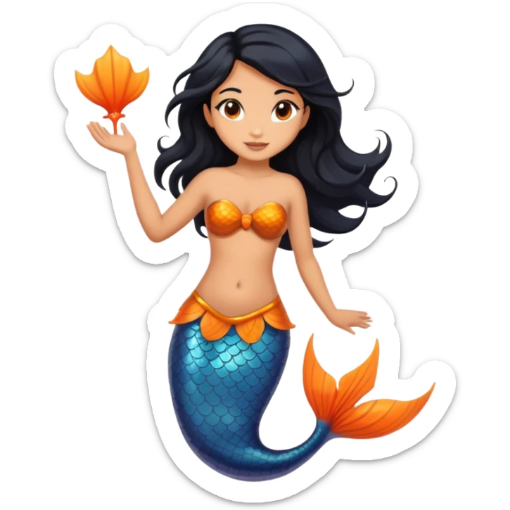 Mermaid with black hair and brown eyes, tail orange and Tan-skinned sticker