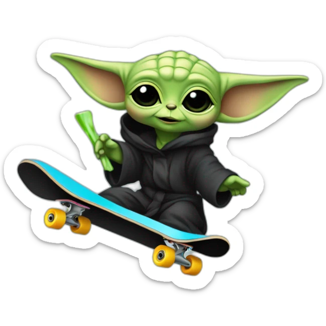 bebe yoda arc-en-ciel qui fait du skate en nageant dans une mer noir sticker