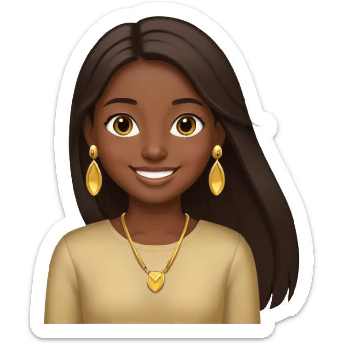 Girl showing happiness, dark skin tone, long straight dark brown hair, gold earrings sticker