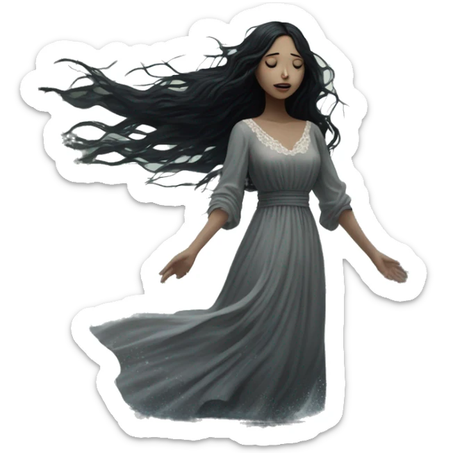 Dramatic girl soaked in water   very pale with dark lighting  with black hair  in river with very very long lace dress  black long hair flying in the wind no face  sticker