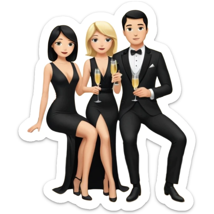Blonde woman, black, Long, tight, sleveless Dress, Slot left Leg, man, DARK Hair, in Dinner jacket, Background bedroom, drinking champaign sticker