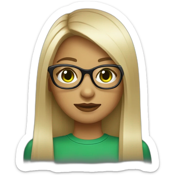 une fille avec de long cheveux noir lisse , des yeux vert , et avec des lunette (en forme de carrer un peu déformé) assez grosse comparer a ça tête , portant un pull noir sticker