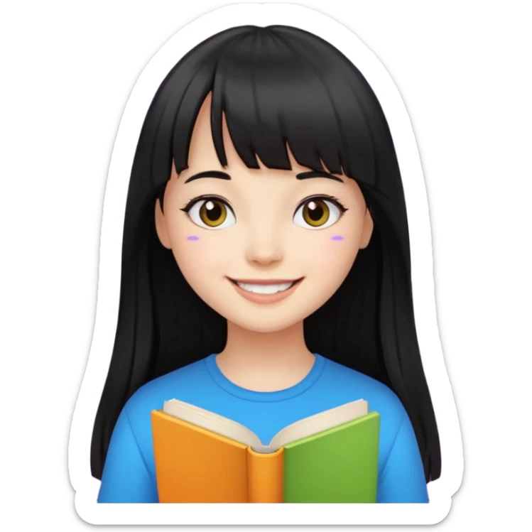 lecture girl with straight bangs fringe long black color hair with color book sticker