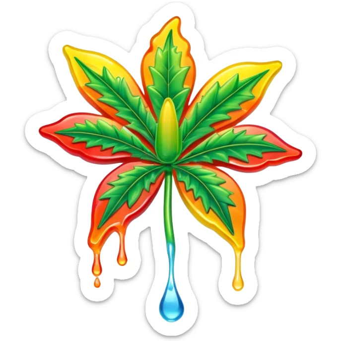 generate an emoji-style image of a juicy gummy shaped like a marijuana flower, make it colorful and with liquid dripping out sticker