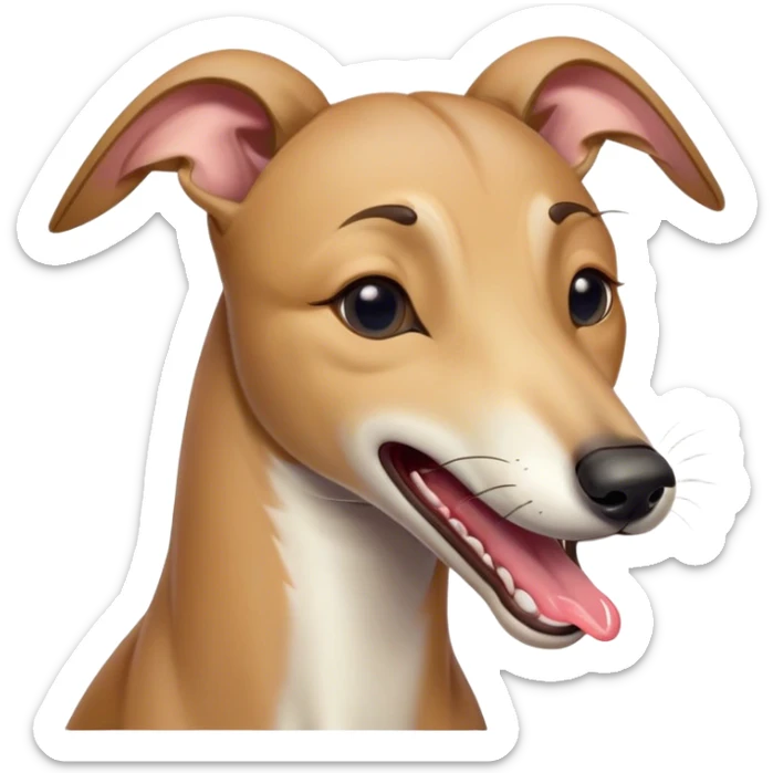 Cinematic Cute Yawning Fawn Greyhound Portrait Emoji, Head tilted slightly with a dramatic, wide-open yawn, showcasing a smooth fawn Fur with a refined finish, floppy ears slightly drooping, round eyes barely open in drowsy contentment, Simplified yet irresistibly adorable features, highly detailed, glowing with a soft, cozy glow, high shine, relaxed yet expressive, stylized with a touch of whimsy, bright and endearing, soft glowing outline, capturing the essence of a sleepy yet affectionate companion, so drowsy it feels like it could stretch out of the screen and curl up for a nap! sticker