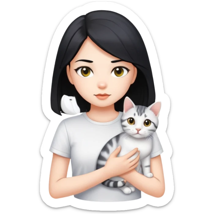Long black hair beautiful girl wearing a white short-sleeved shirt tightly holding an American shorthair sticker