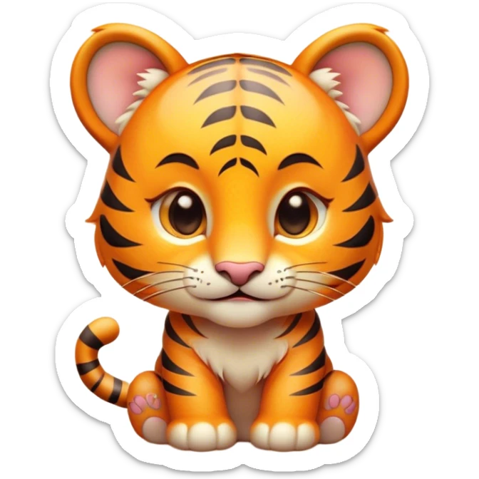 Cinematic Cute Tiger Cub Portrait Emoji, Head tilted playfully and inquisitively, with an adorably compact form accented by subtle stripes and round, sparkling eyes full of wonder, Simplified yet irresistibly adorable features, highly detailed, glowing with a warm, inviting wild glow, high shine, affectionate and lively, stylized with a touch of whimsical feline cuteness, soft glowing outline, capturing the essence of a mischievous yet loving tiger cub that seems as if it could leap out of the screen into your arms! sticker