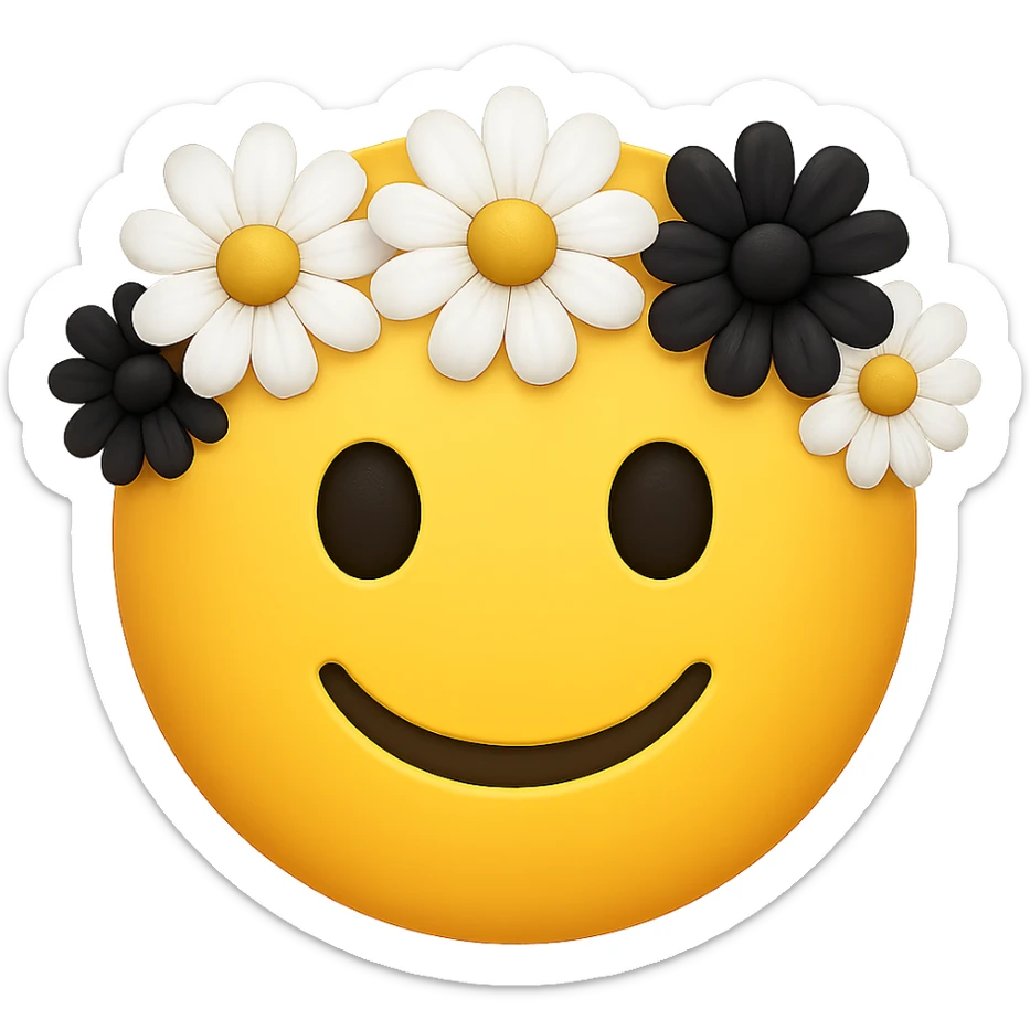 yellow face with white and black flower crown emoji, digital illustration, remove background sticker