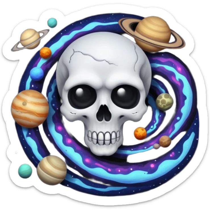 image of deep black space, with planets, stars an a galaxy, in the style of your bleeding skull art. sticker
