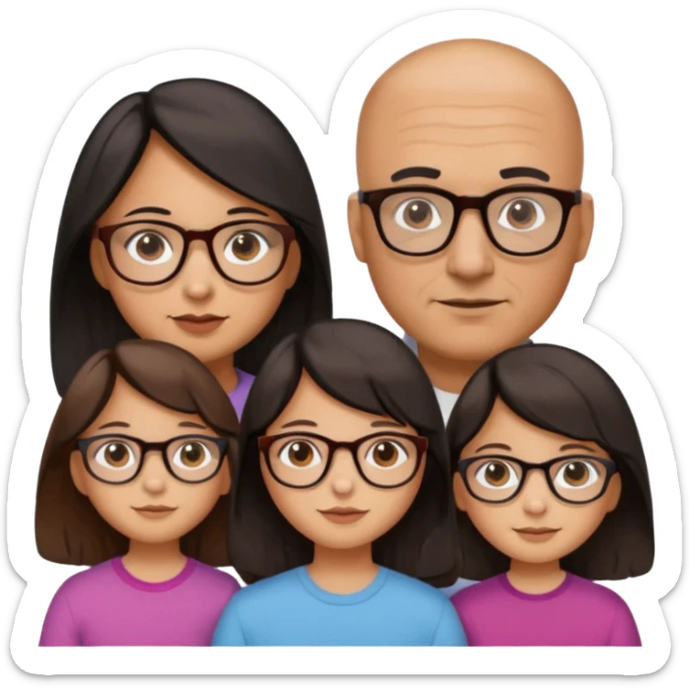 Papà calvo con occhiali, mamma capelli neri occhi marroni no occhiali, figlia capelli marroni mossi e occhiali tartarugati con montatura spessa occhi marroni, figlia capelli lisci marroni occhiali neri con montatura grande e fina occhi marroni  sticker