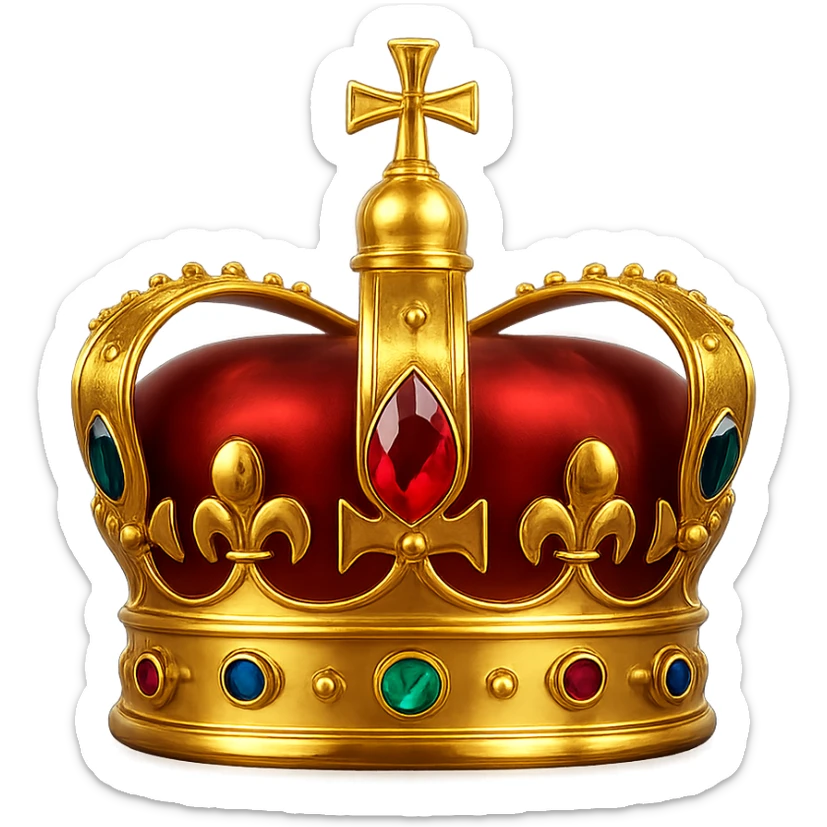 traditional royal crown in polished gold, adorned with colorful gemstones and a soft reflective glow sticker