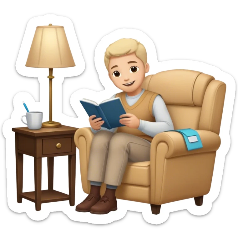 A person sits mindfully in a chair, a gratitude journal nearby, and a phone turned off. A bird chirps outside, a scented candle burns, and a small hidden gift bag peeks from under the table. A framed quote says, "Be Kind to Yourself," while they share a smile with someone. sticker