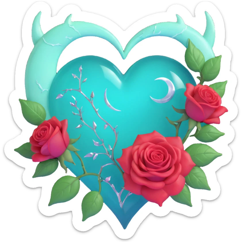 gothic heart made of teal glass, silver crescent moon, glowing mint green roses, holographic stardust, neon white lightning, drenched and splintered glass sticker
