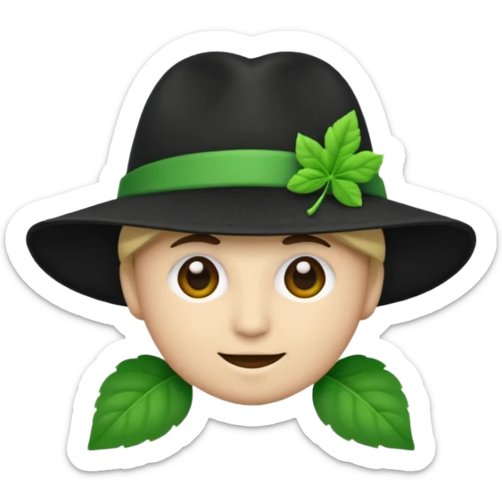 créer un emoji farfadet en noir et blanc, en traçant que les contours, sans pot de pièces dans la main et avec un trèfle à 4 feuilles sur le chapeau sticker