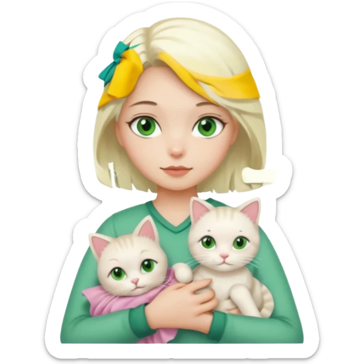 Platinum blonde hair girl with green eyes holding rag doll cat  sticker