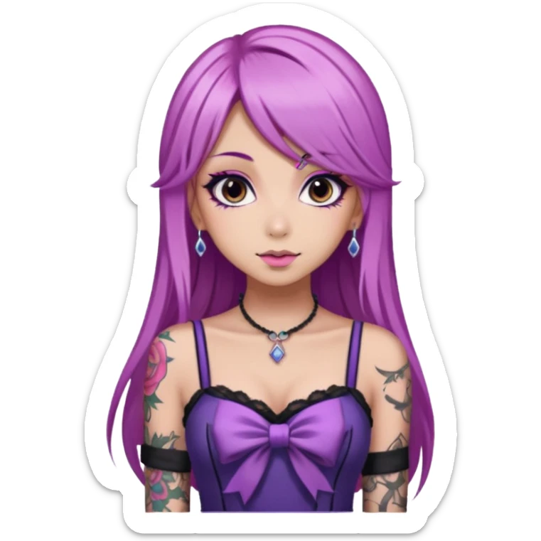 hime gyaru girl, long straight pink and purple hair, tattoos, dark makeup sticker