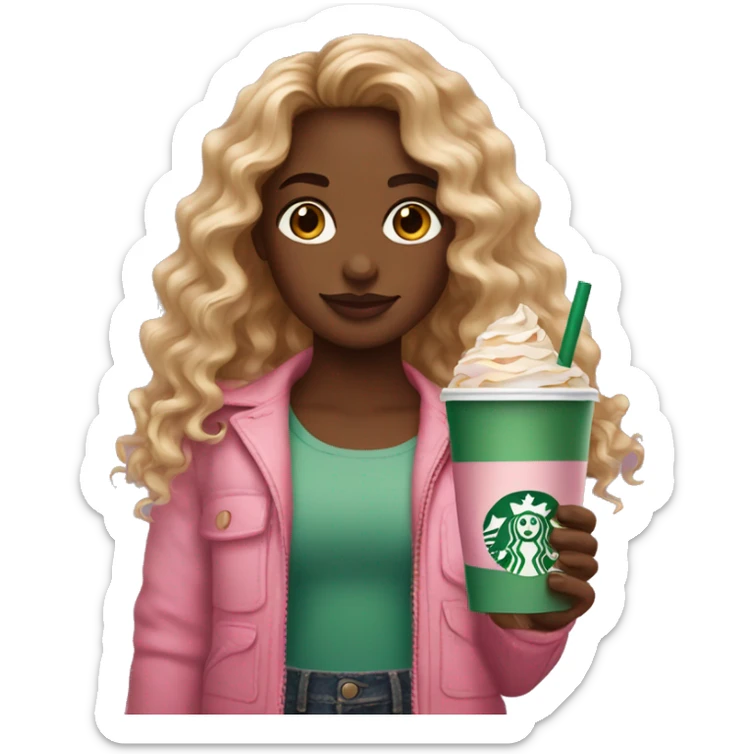 girl with brown and blonde ombré long curly hair holding Pink starbucks refresher sticker