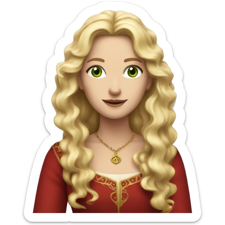 Woman with wavy blonde hair, green eyes, red medieval dress sticker