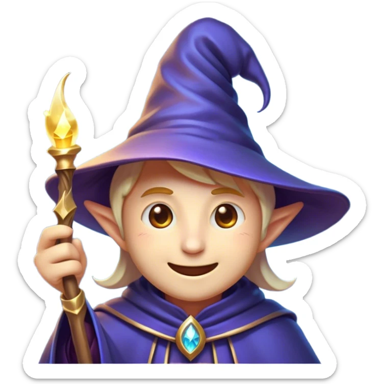Clash of Clans aesthetic Playful Mage Portrait Emoji, Head tilted with a mischievous glimmer and subtle enchanting smile, featuring a compact, gracefully robed form with a pointed wizard hat and twinkling eyes in natural skin tone, Simplified yet irresistibly charming features, highly detailed, glowing with a warm, inviting magical glow, high shine, spirited and imaginative, stylized with a touch of whimsical sorcery, soft glowing outline, capturing the essence of a playful mage exuding friendly arcane wonder! sticker