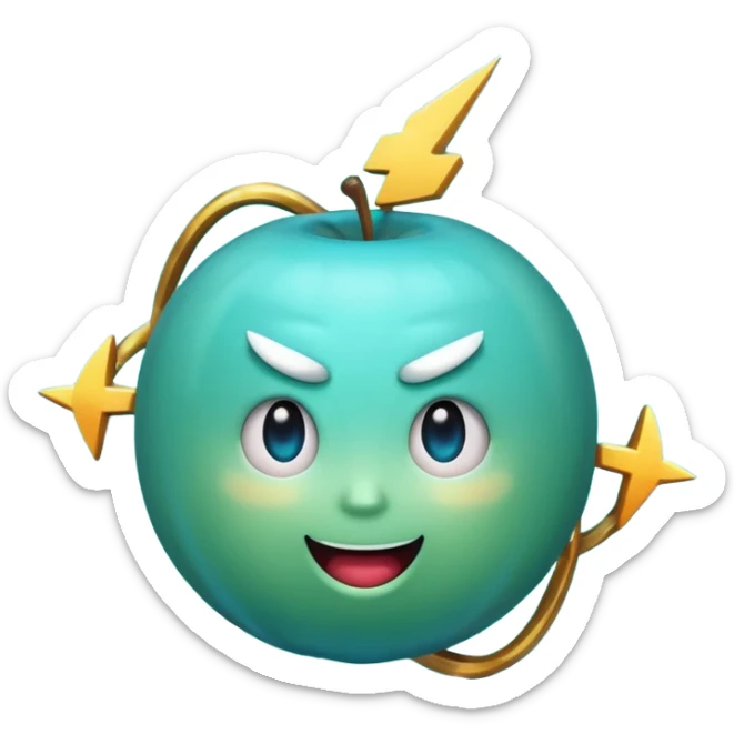 Uranus emoji in Apple-style, blue-green planet with rings, big excited playful face, prominent clearly visible bold lightning bolt, radiating chaotic electric energy sticker